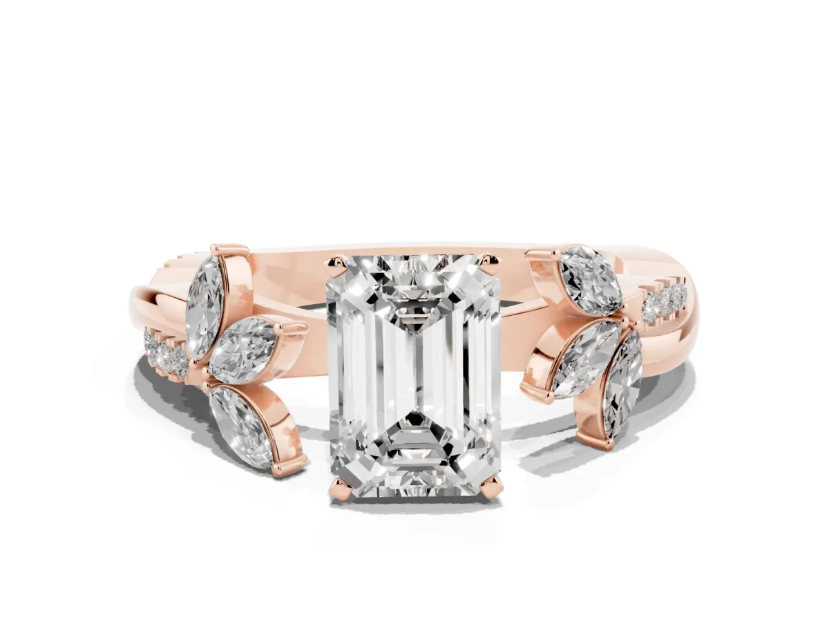 Emerald Cut Diamond Floral Vine Solitaire Engagement Ring Rose gold