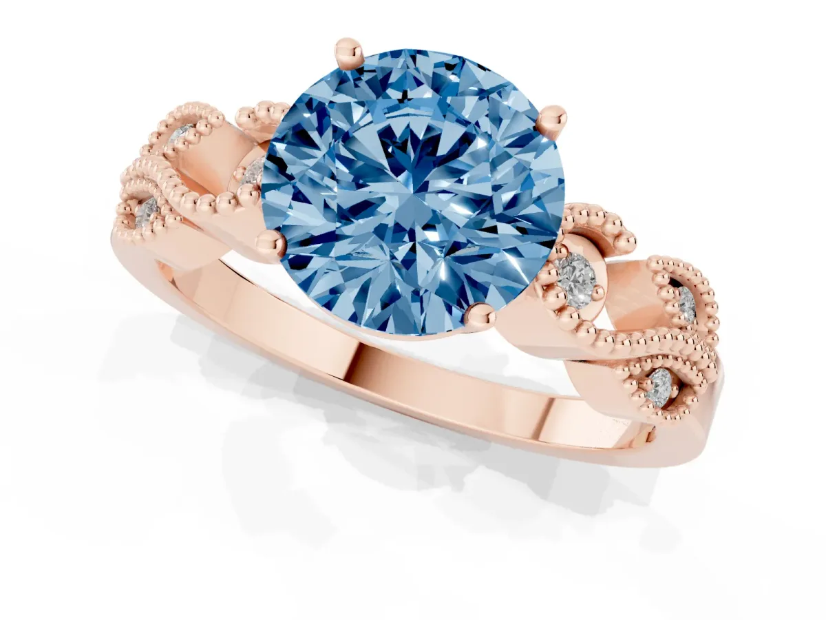 Fancy Blue Round Cut Solitaire Milgrain Leaf Band with Prong Setting Rose gold