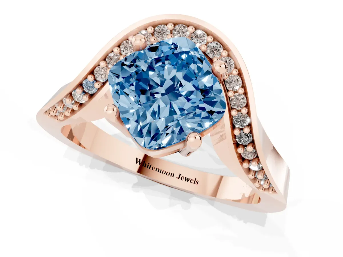 Fancy Blue Cushion Cut Solitaire Diamond Engagement Ring with Pave Band and Four-Prong Setting Rose gold