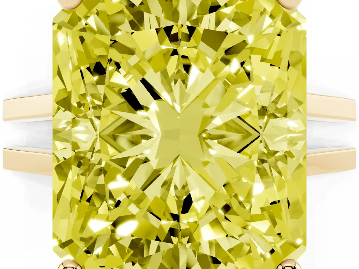 Fancy Yellow Radiant Cut Cut Diamond Solitaire Engagement Ring with Tapered Plain Band and Four-Prong Setting Yellow gold