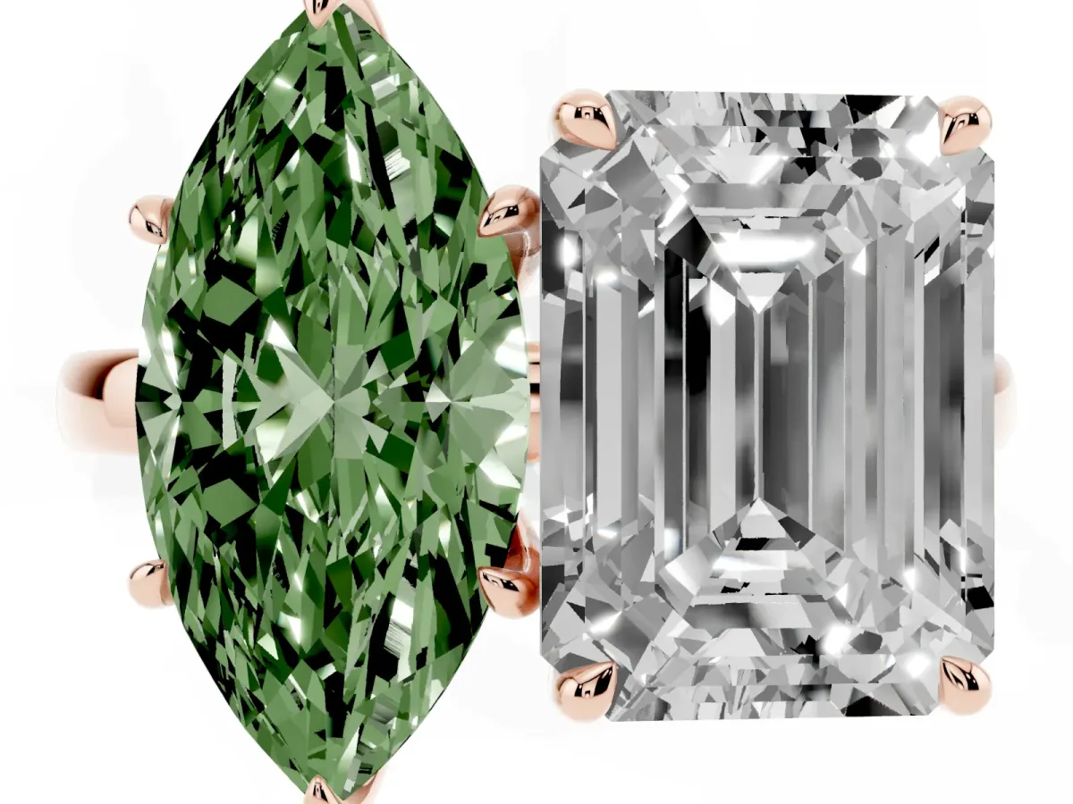 Fancy Green Marquise Cut and Emerald Cut Toi Moi Ring with Prong Setting Rose gold
