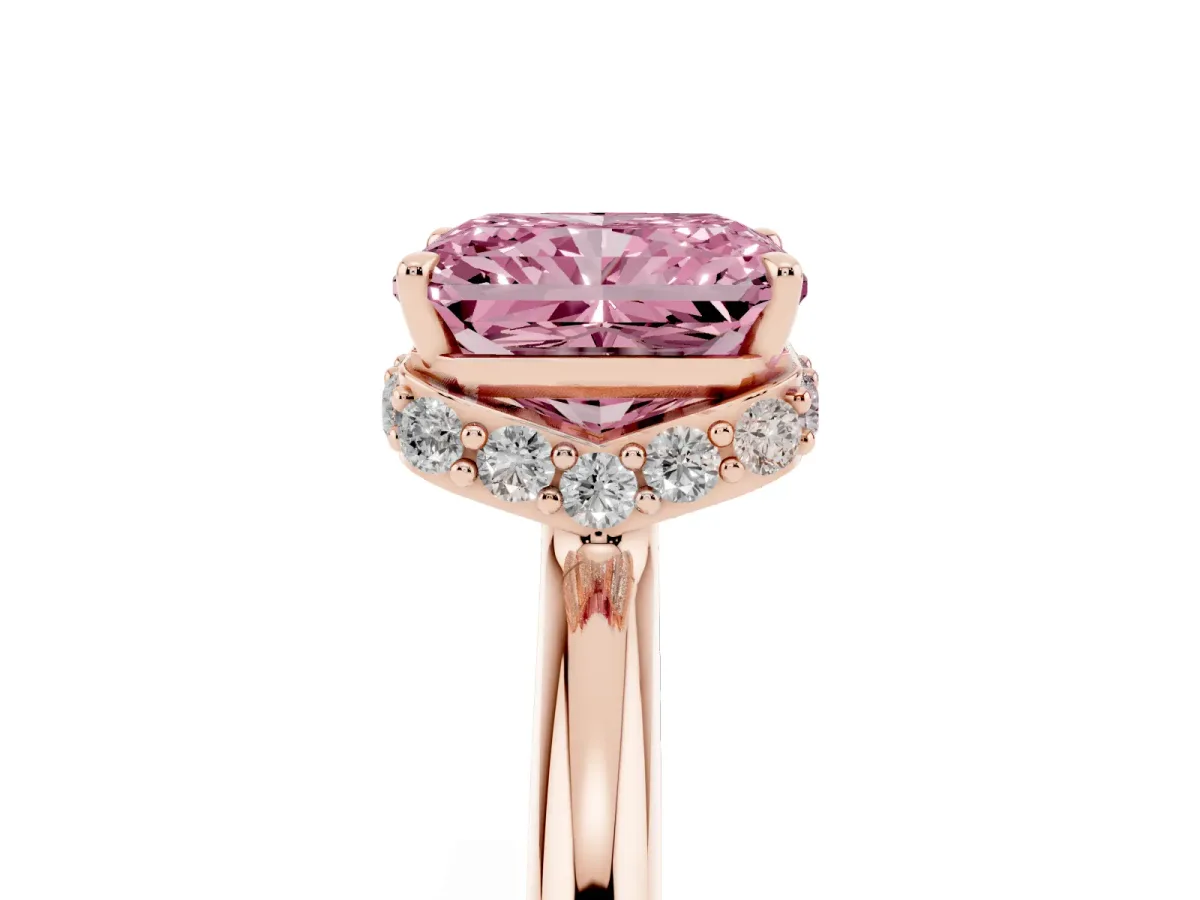 Fancy Pink Radiant Cut Brilliant Solitaire Engagement Ring with Six-Prong Setting and Classic Band Rose gold