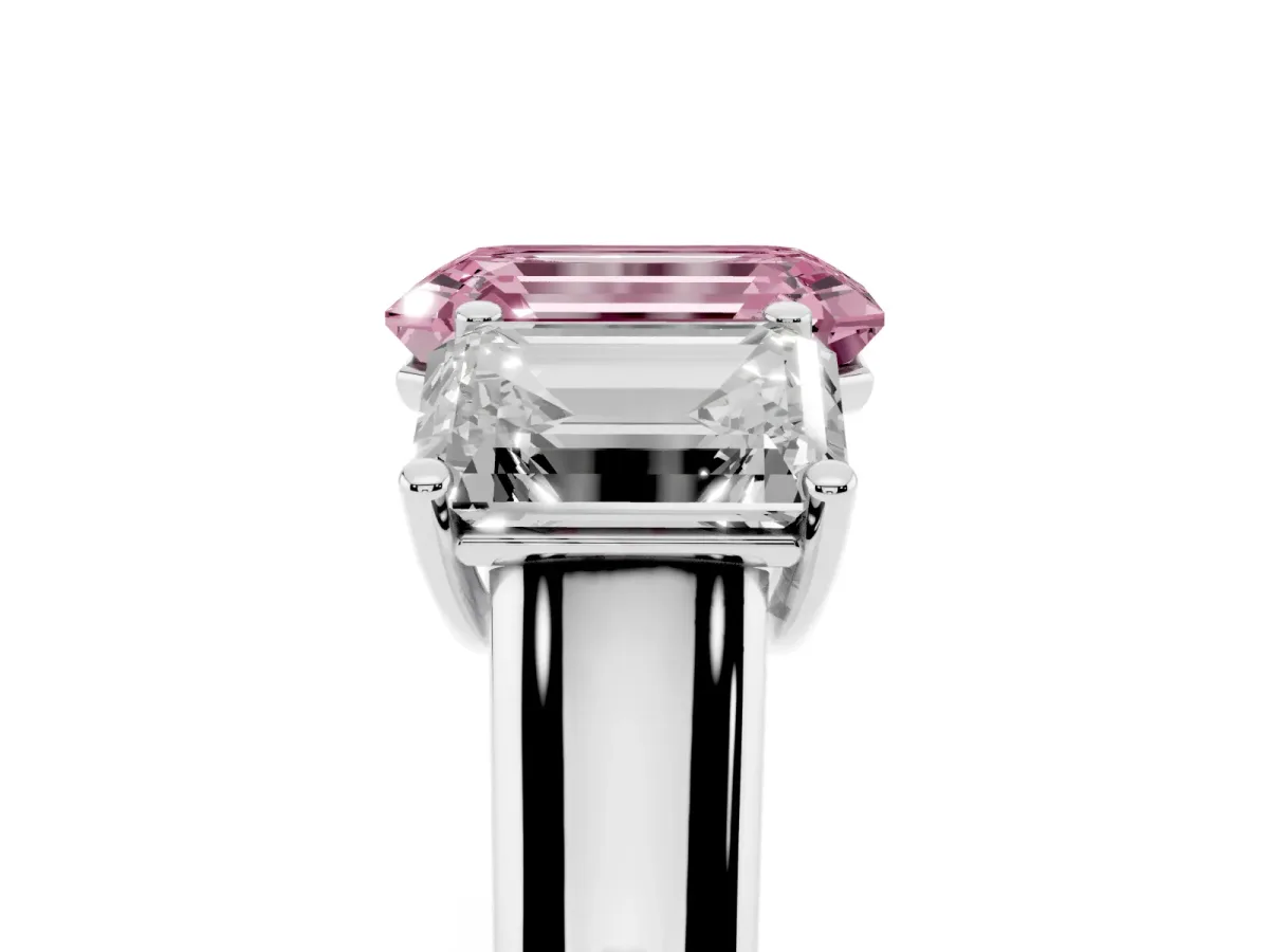 Fancy Pink Emerald Cut Three-Stone Diamond Ring with Prong Setting on a Classic Band Silver