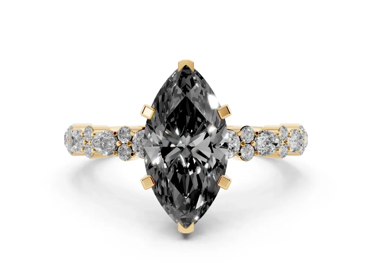 Fancy Black Marquise Cut Diamond Side Stone Solitaire Ring with Round and Four-Prong Setting Yellow gold