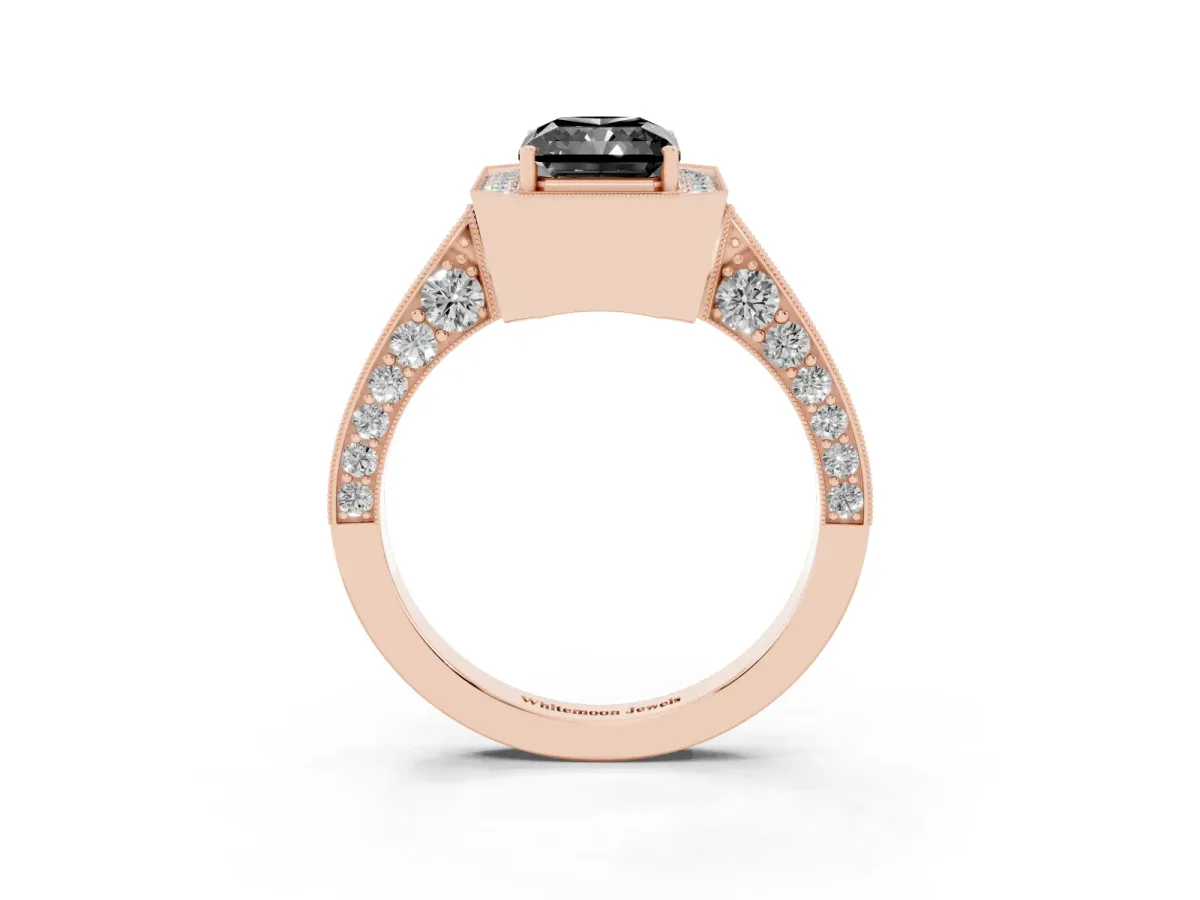 Fancy Black Radiant Cut Halo Diamond Engagement Ring with Split Shank Band and Four-Prong Setting Rose gold
