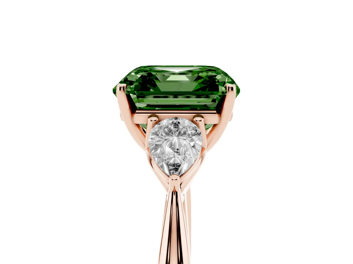 Fancy Green Three-Stone Asscher Cut Diamond Ring with Pear Side Stones in Four-Prong Setting Rose gold