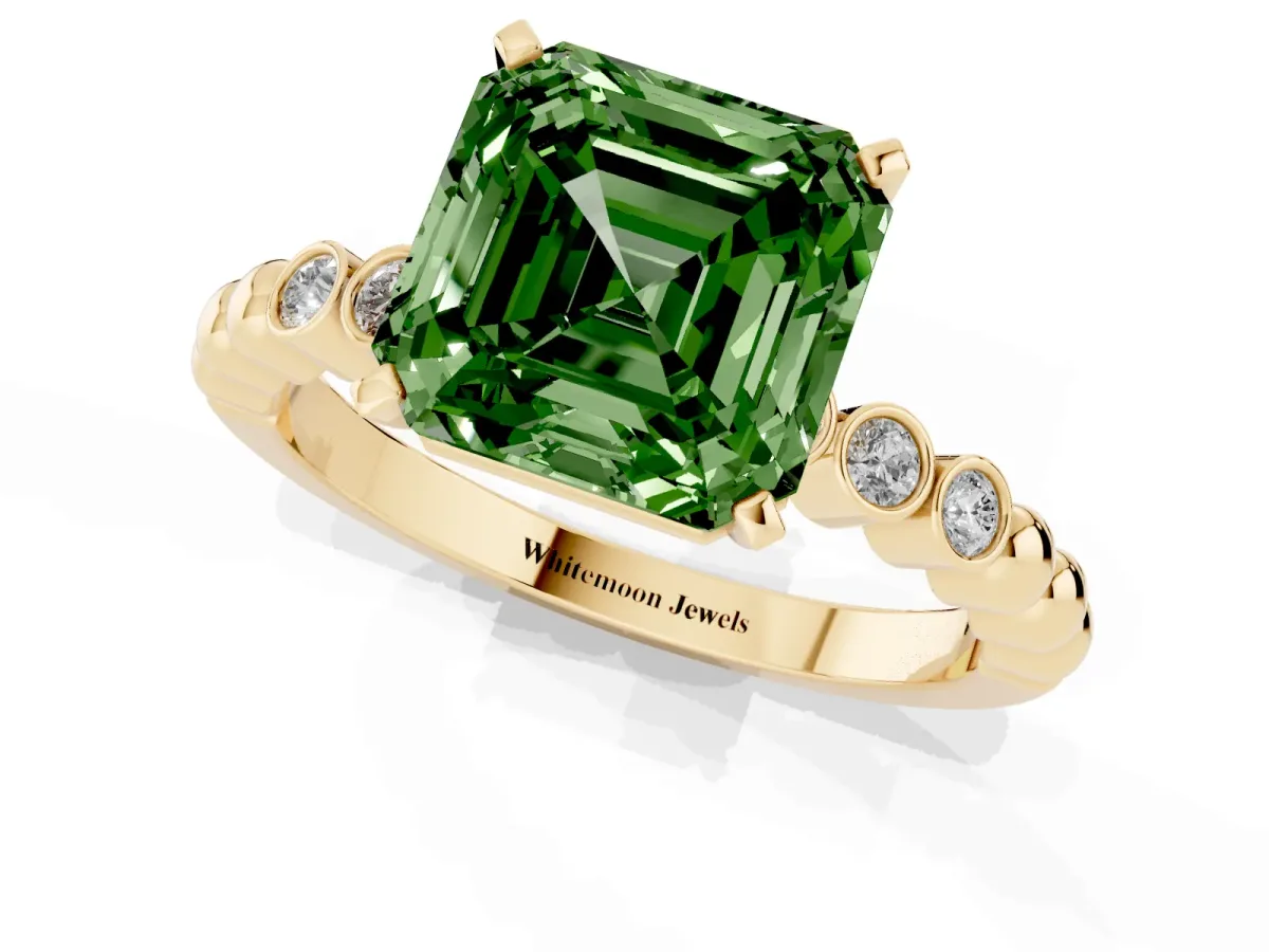 Fancy Green Asscher Cut Solitaire Bezel Accent Diamond Engagement Ring with Beaded Band and Four-Prong Setting Yellow gold