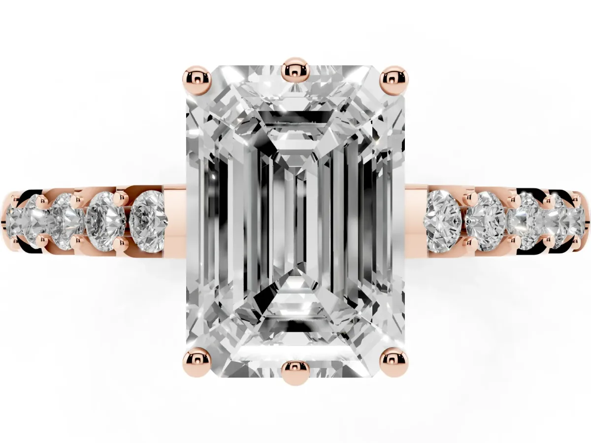 Emerald Cut Solitaire Diamond Engagement Ring with Pavé Band and Six-Prong Setting Rose gold