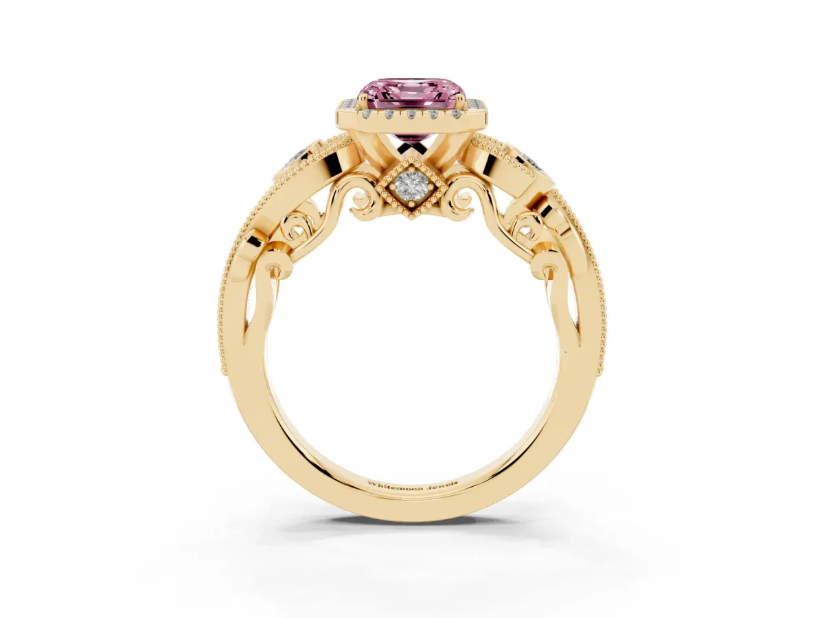 Fancy Pink Asscher Cut Diamond Halo Ring with Milgrain Pavé Band and Four-Prong Setting Yellow gold