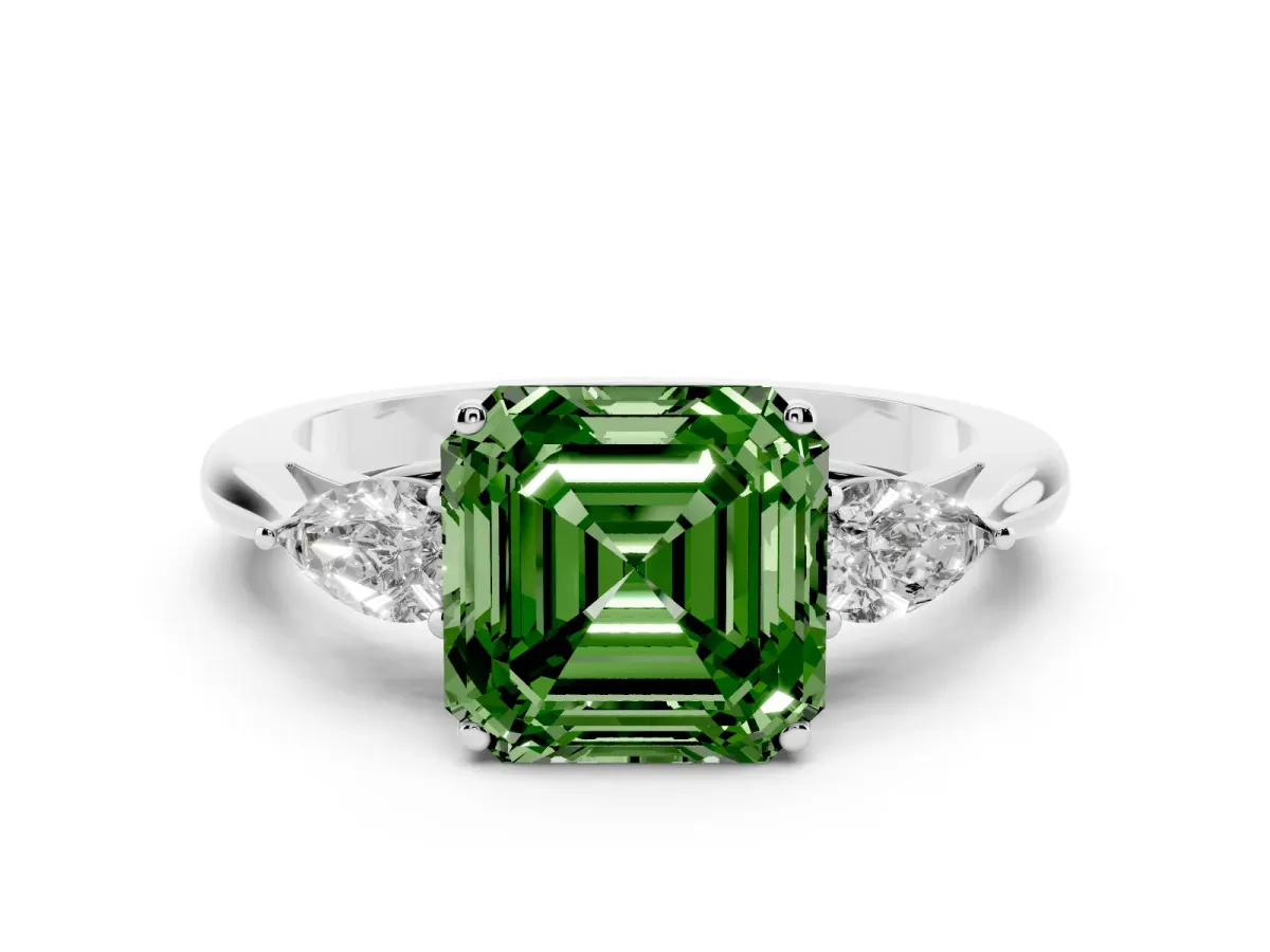 Fancy Green Asscher Cut Diamond Three-Stone Ring with Pear Side Stones and Prong Setting Silver