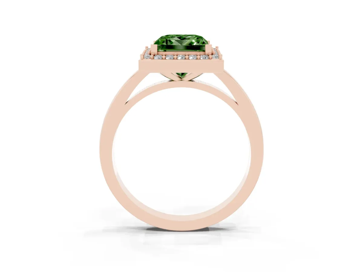 Fancy Green Princess Cut Halo Diamond Ring with Solitaire Band and Prong Setting Rose gold