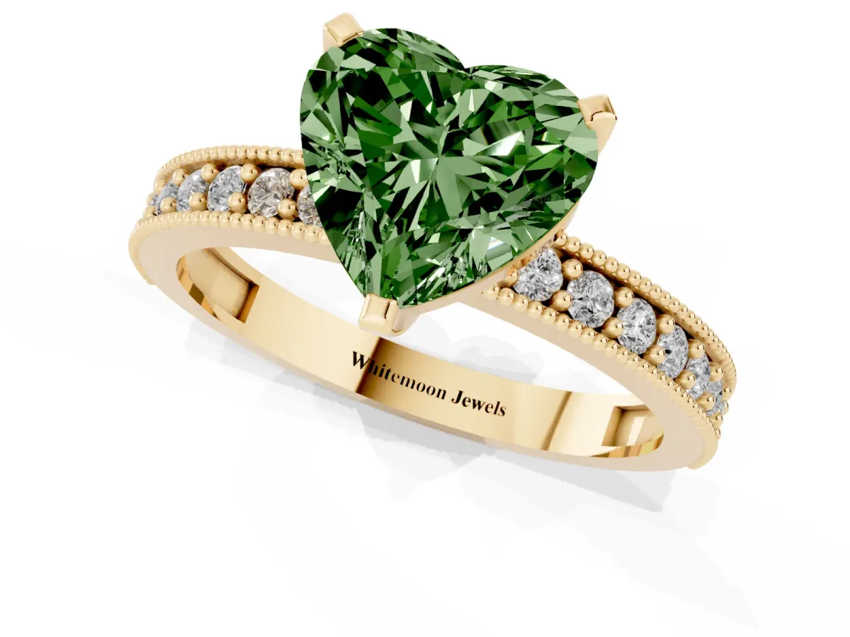 Fancy Green Heart Cut Diamond Milgrain Pavé Engagement Ring with Four-Prong Setting Yellow gold