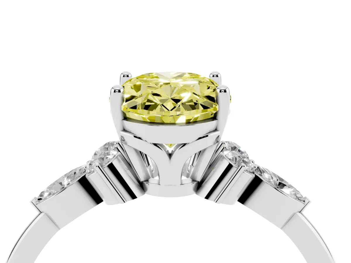 Fancy Yellow Oval Cut Brilliant Diamond Solitaire Ring with Pear Side Stones and Four-Prong Setting White gold