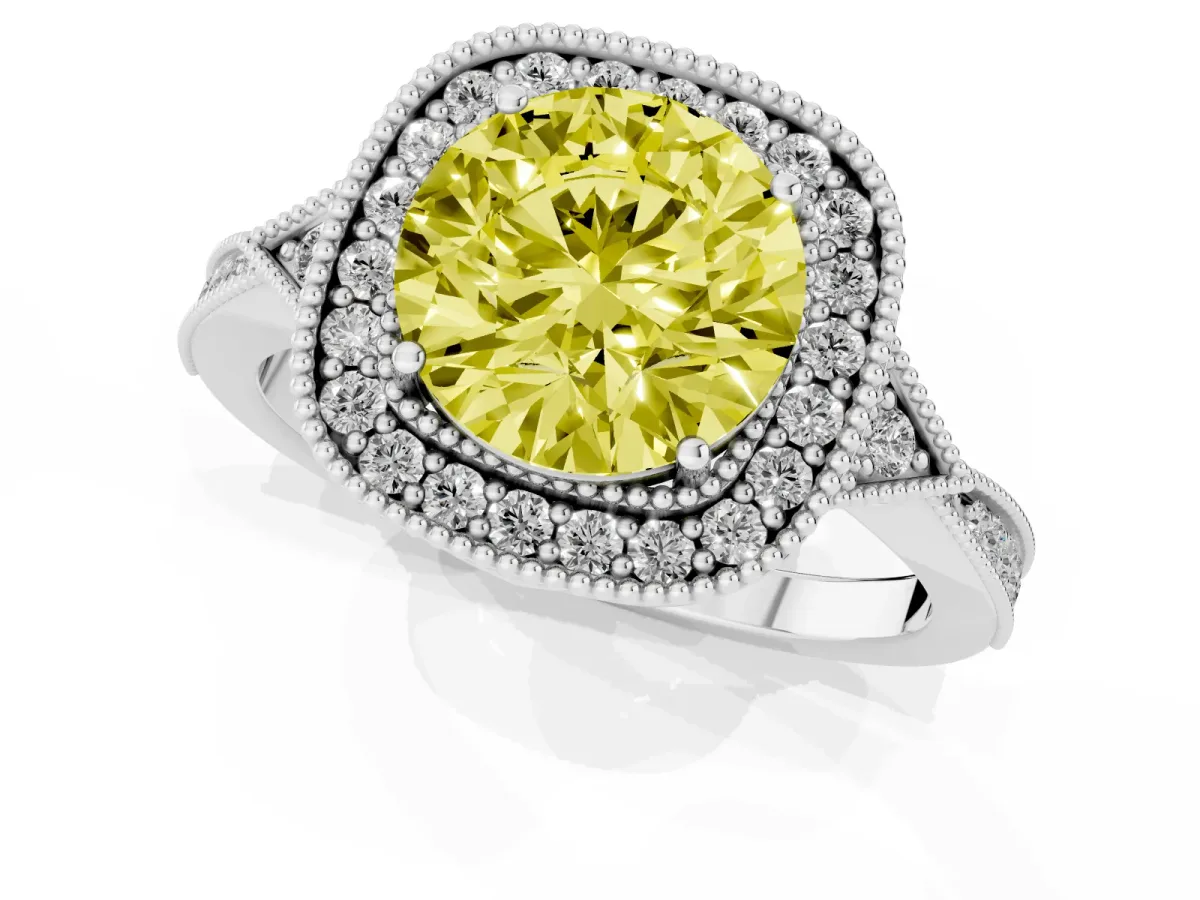 Fancy Yellow Round Cut Halo Round Diamond Milgrain Pave Engagement Ring Silver