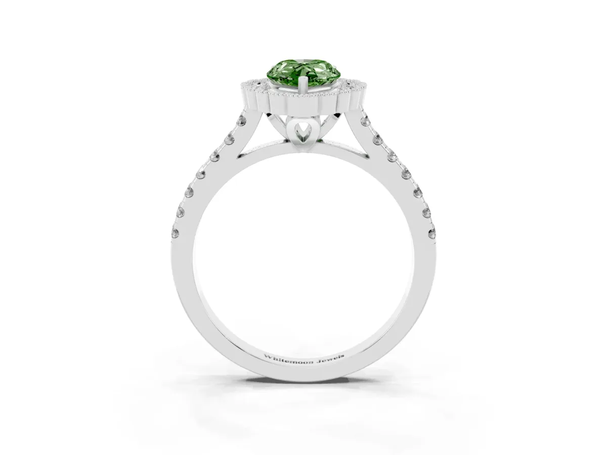 Fancy Green Pear Cut Cut Diamond Milgrain Floral Halo Engagement Ring with Pavé Band Platinum