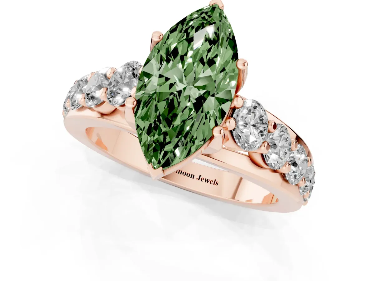 Fancy Green Marquise Cut Diamond Engagement Ring with Pavé Band and Four-Prong Setting Rose gold