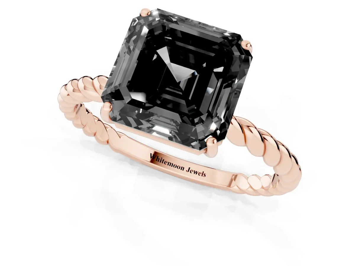 Fancy Black Asscher Cut Solitaire Twisted Band 4-Prong Ring Rose gold