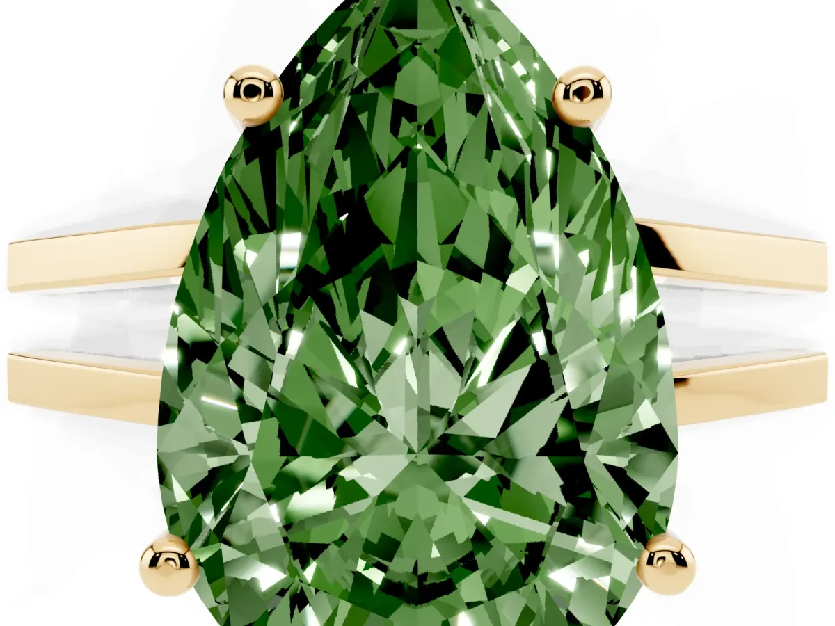 Fancy Green Pear Cut Cut Diamond Solitaire Engagement Ring with Tapered Plain Band and Four-Prong Setting Yellow gold