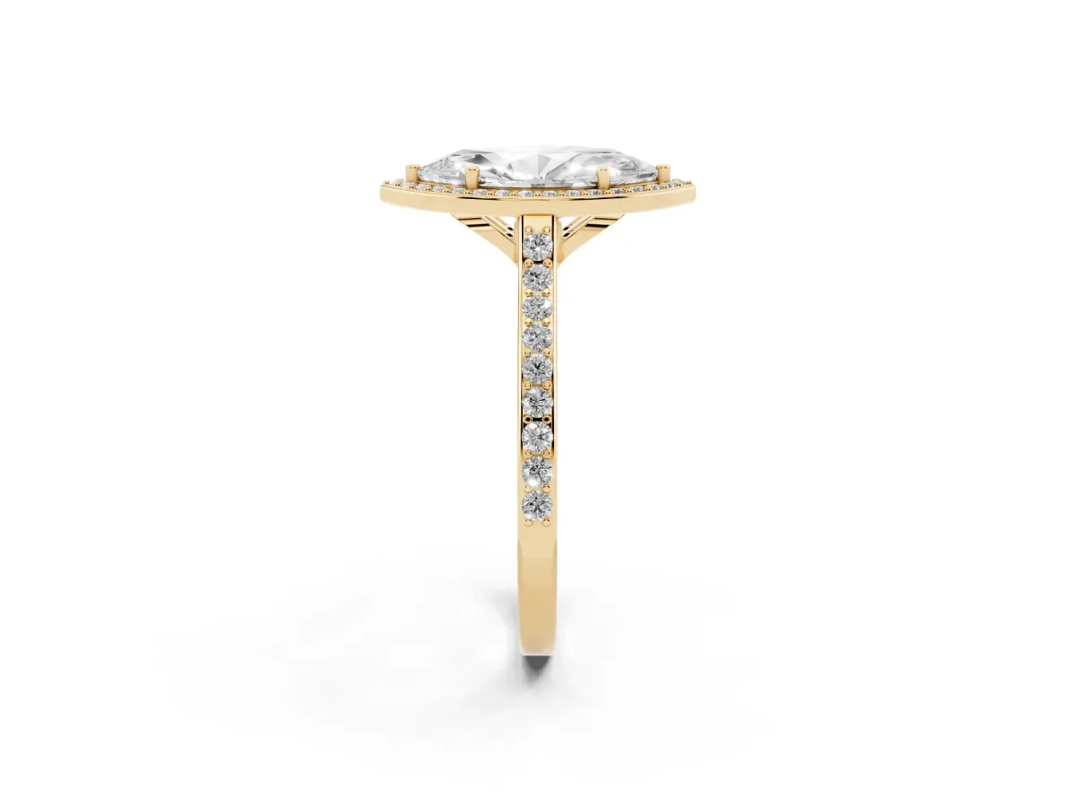 Marquise Cut Diamond Halo Engagement Ring with Round Pavé Shoulders and Prong Setting Yellow gold