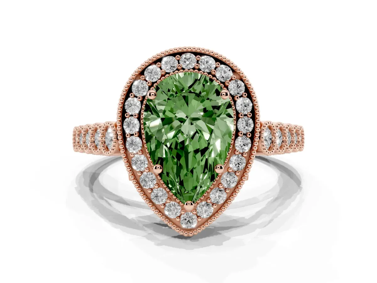 Fancy Green Pear Cut Halo Twist Band Solitaire Ring with Six-Prong Setting Rose gold