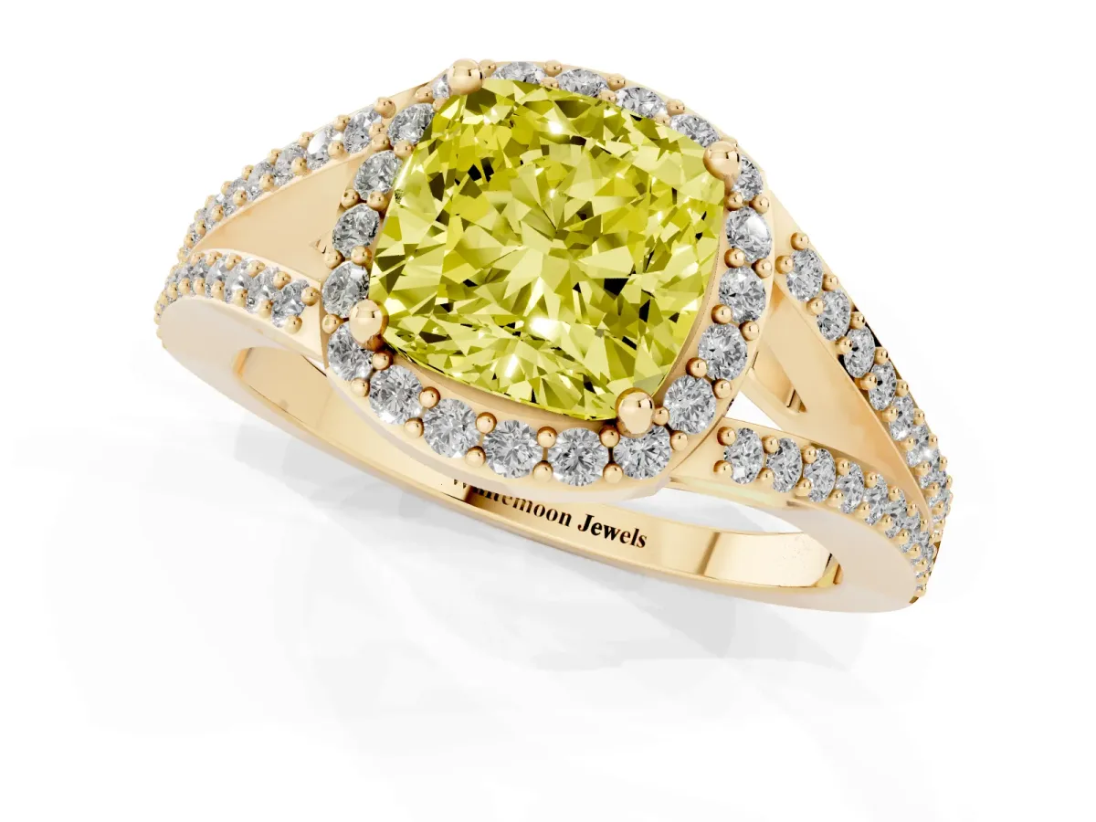 Fancy Yellow Cushion Cut Halo Split Shank Pave Diamond Ring with Four-Prong Setting Yellow gold