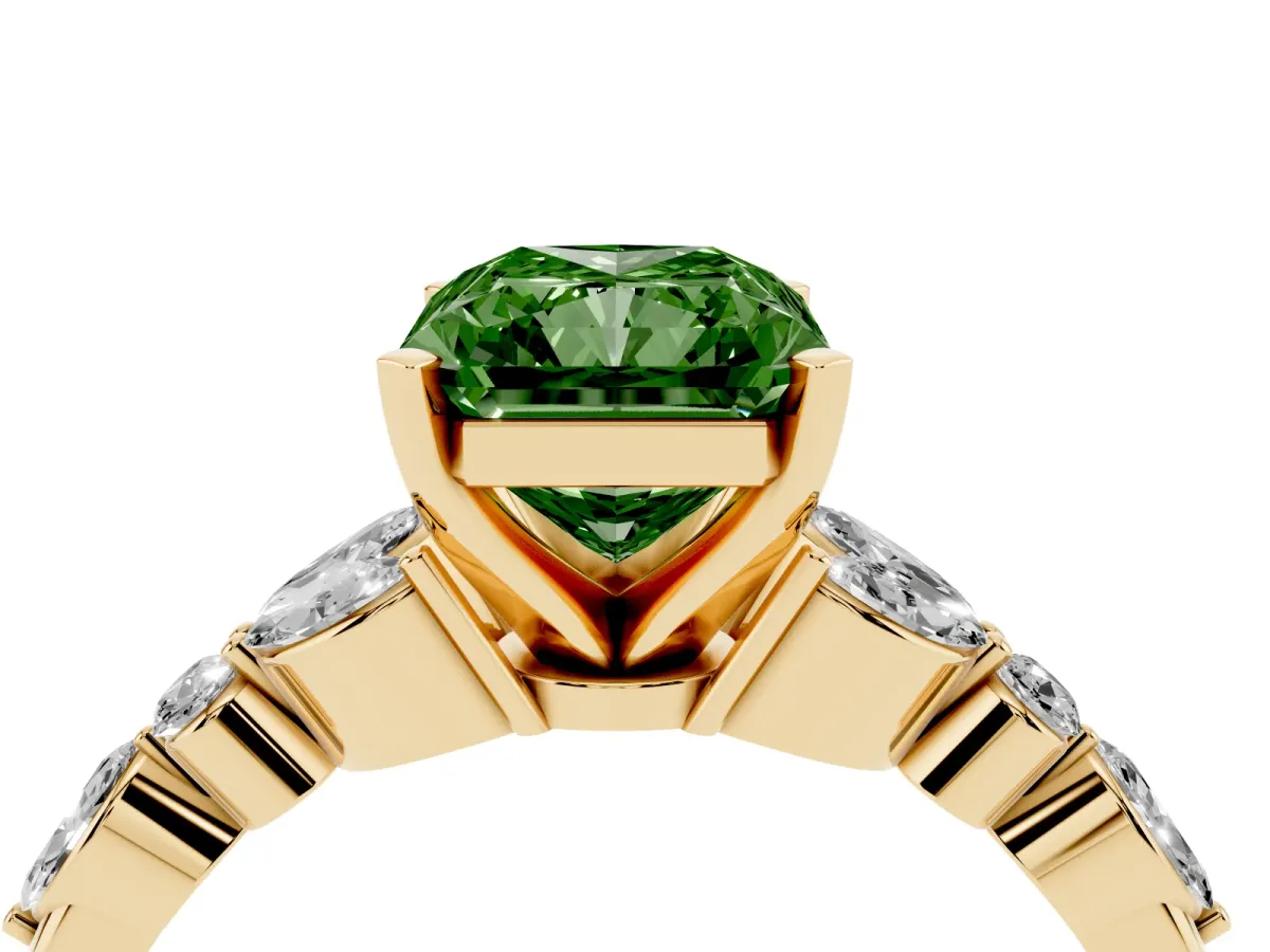 Fancy Green Radiant Cut Diamond Solitaire Ring with Side Stones and Four-Prong Setting Yellow gold