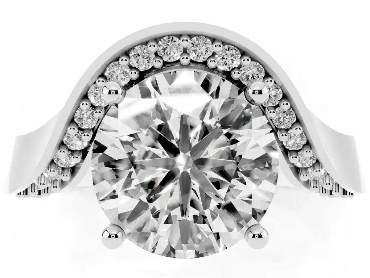 Round Cut Solitaire Diamond Engagement Ring with Pave Band and Four-Prong Setting Silver