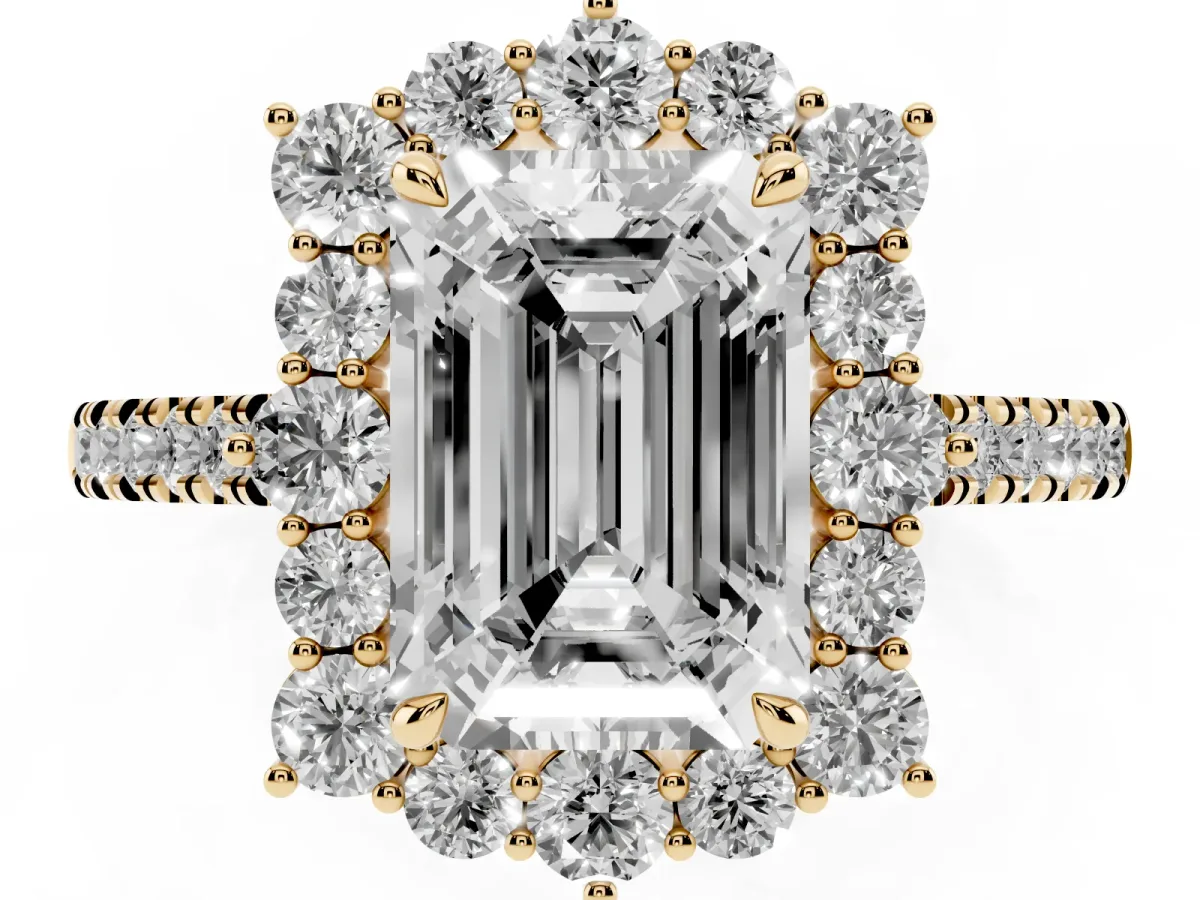 Emerald Cut Halo Diamond Ring with Pavé Band and Prong Setting Yellow gold