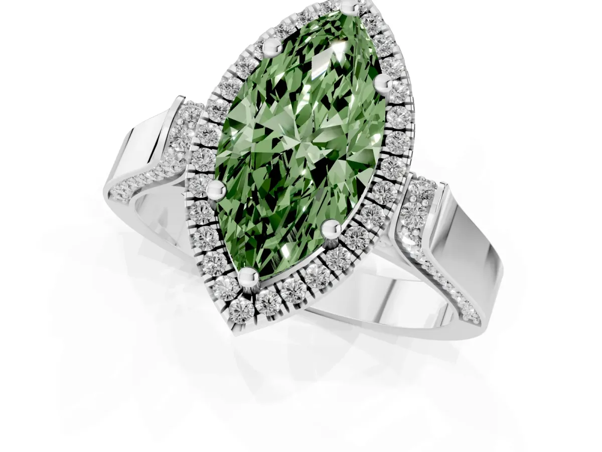 Fancy Green Marquise Cut Halo Round Diamond Twist Band with Four-Prong Setting White gold