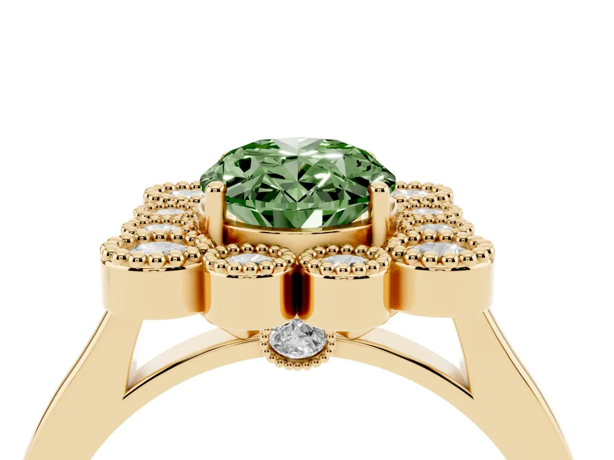 Fancy Green Oval Cut Halo Diamond Cluster Engagement Ring with Milgrain Bezel Setting and Solitaire Band Yellow gold