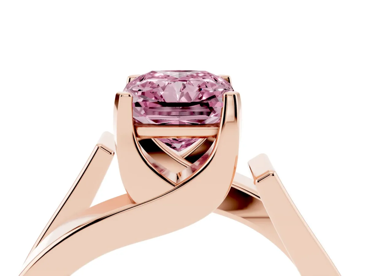 Fancy Pink Modern Tension Set Radiant Cut Diamond Solitaire Wide Band Ring Rose gold