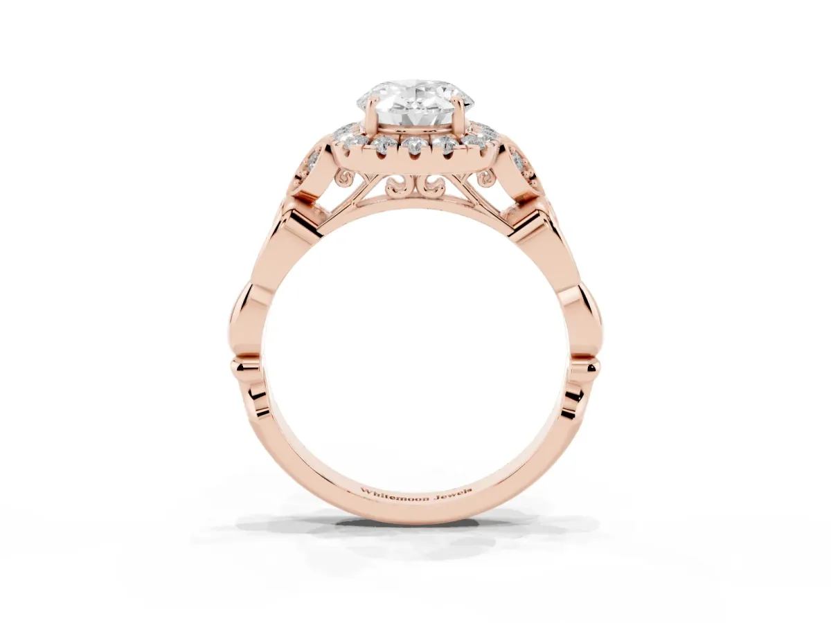 Oval Cut Halo Diamond Engagement Ring with Vintage-Inspired Band and Four-Prong Setting Rose gold