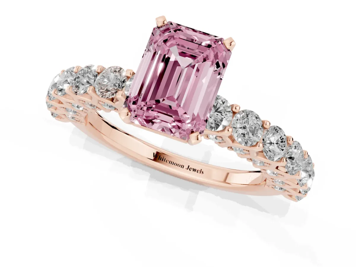 Fancy Pink Emerald Cut Diamond Solitaire Ring with Shared Prong Pavé Band and Four-Prong Setting Rose gold