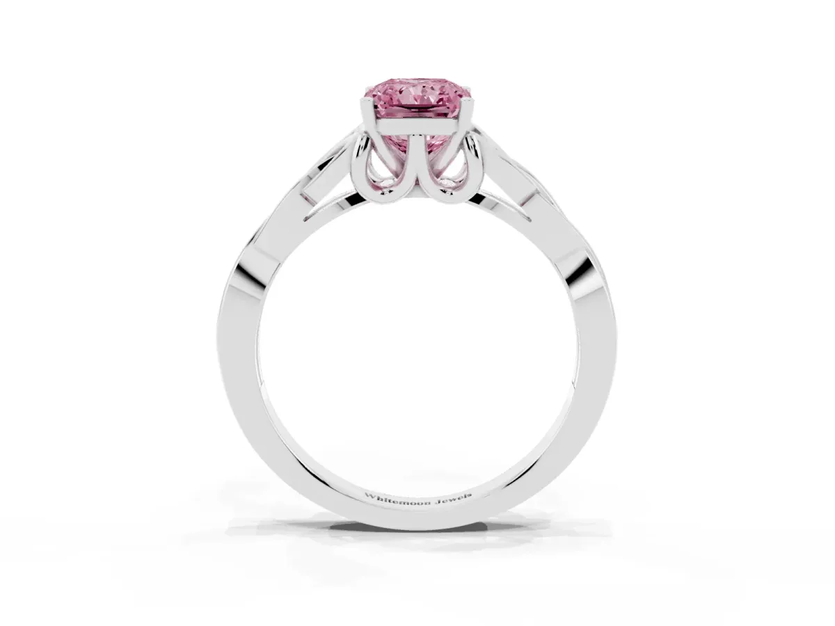 Fancy Pink Radiant Cut Diamond Solitaire Engagement Ring with Celtic Knot Band and Four-Prong Setting Silver