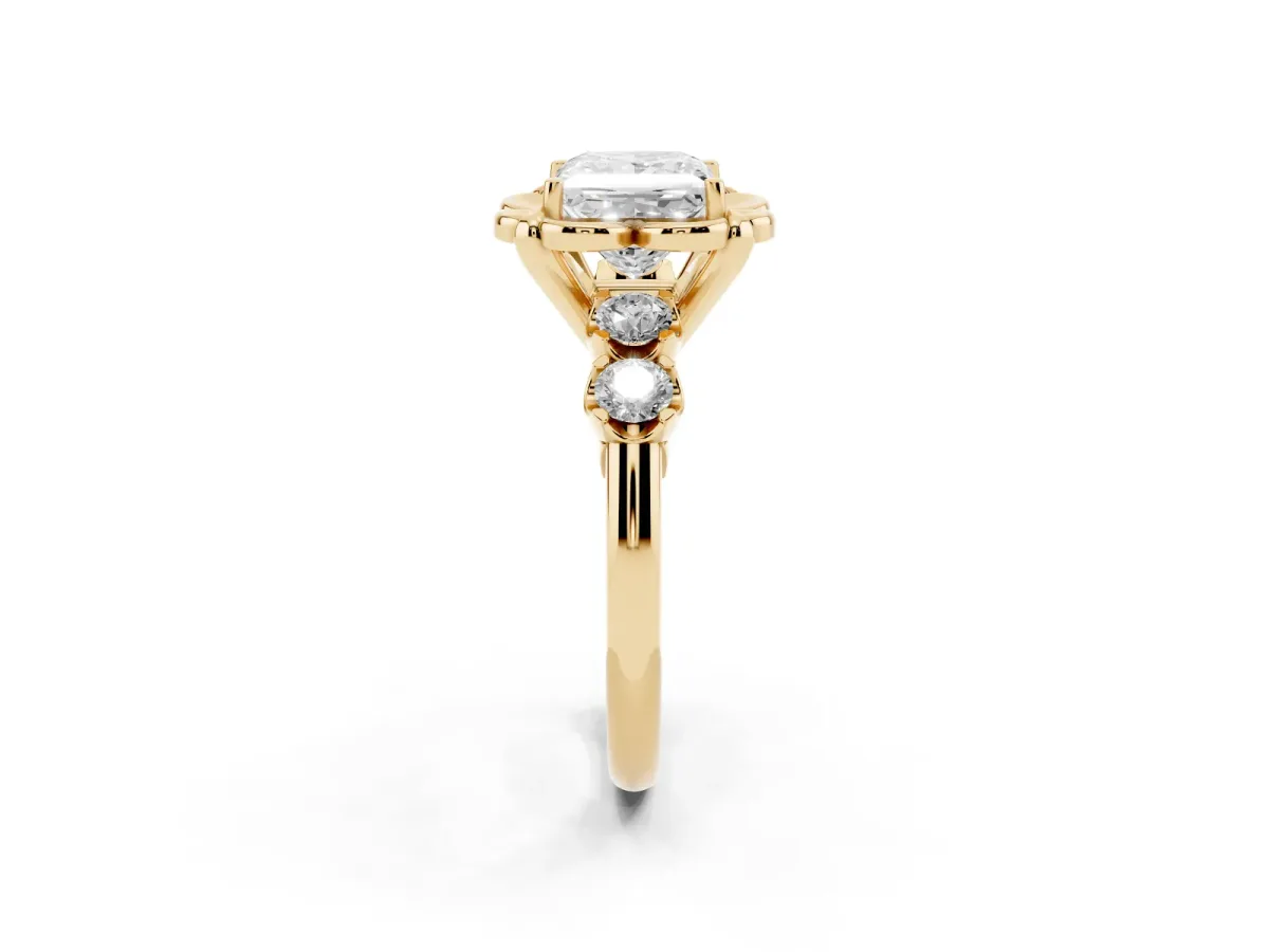 Princess Cut Cut Diamond Floral Halo Engagement Ring with Shared Prong Setting Yellow gold