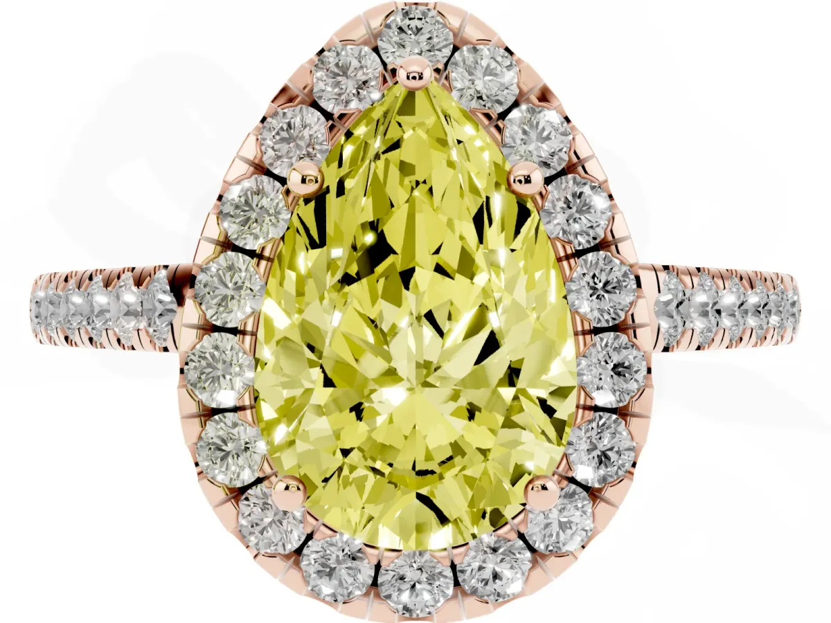 Fancy Yellow Pear Cut Halo Pave Diamond Engagement Ring with Four-Prong Setting Rose gold