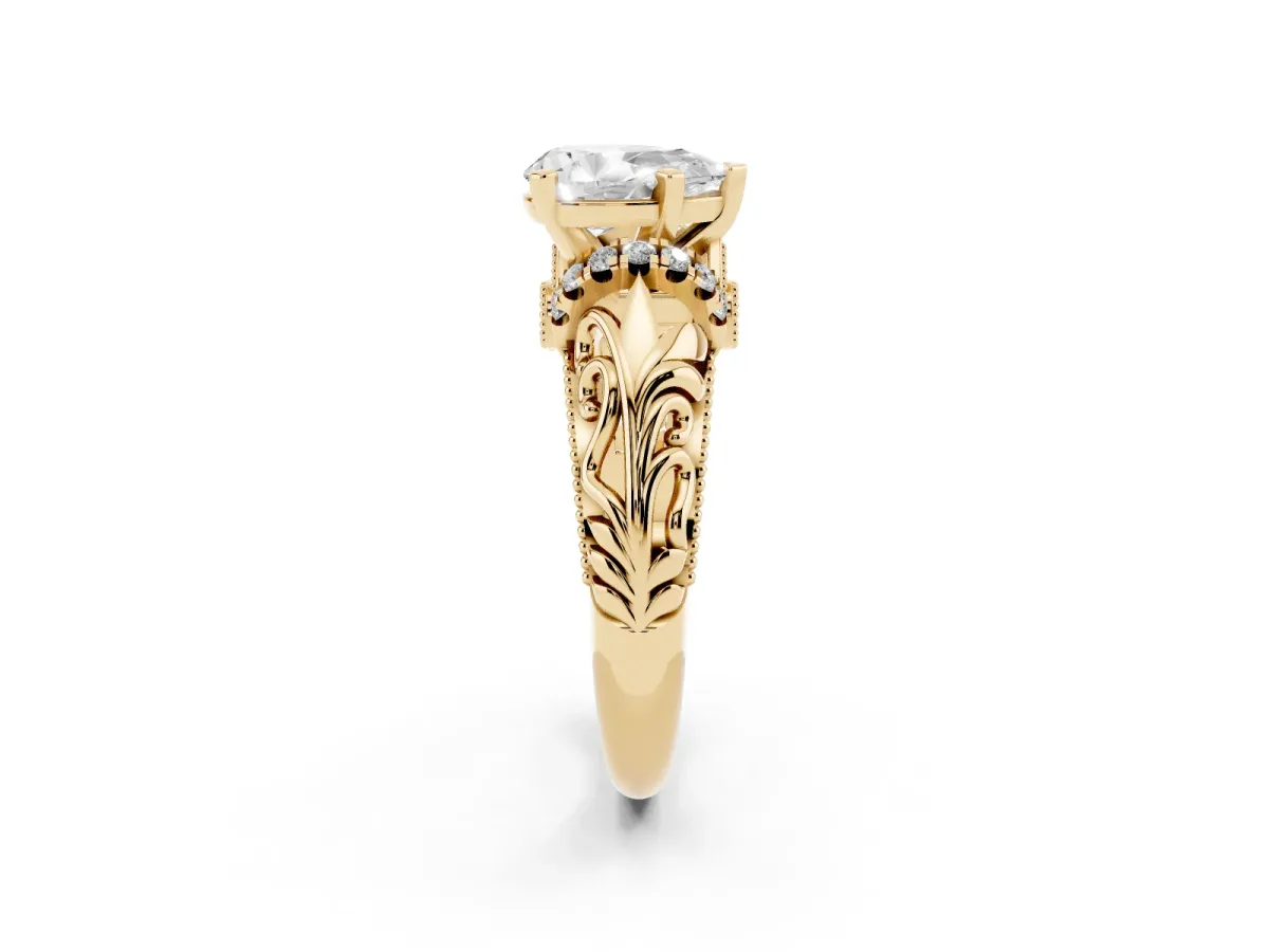 Pear Cut Solitaire Filigree Engagement Ring with Halo and Prong Setting Yellow gold