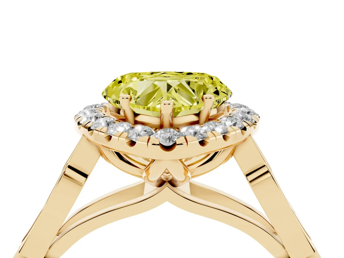 Fancy Yellow Heart Cut Halo Diamond Engagement Ring with Filigree Band and Four-Prong Setting Yellow gold