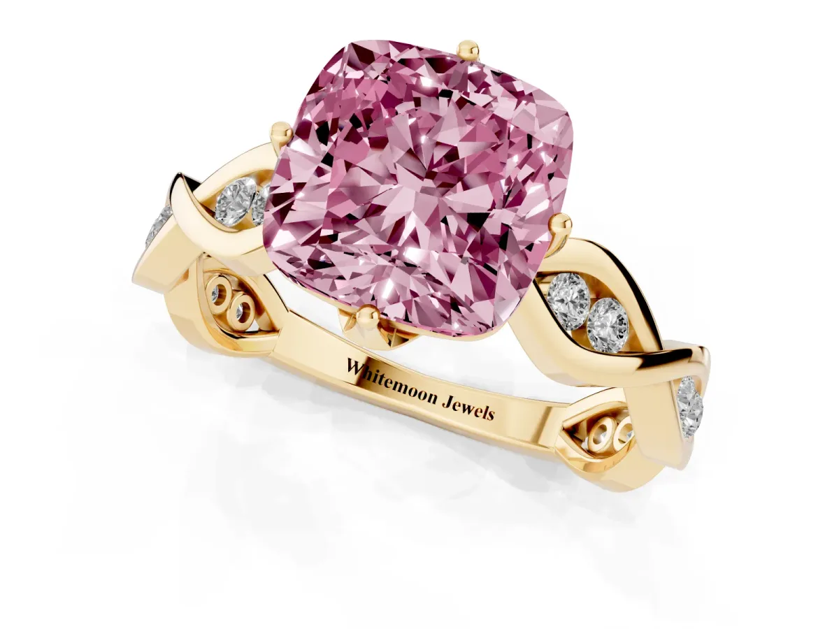 Fancy Pink Cushion Cut Solitaire Twist Band with Leaf Prong Setting Yellow gold