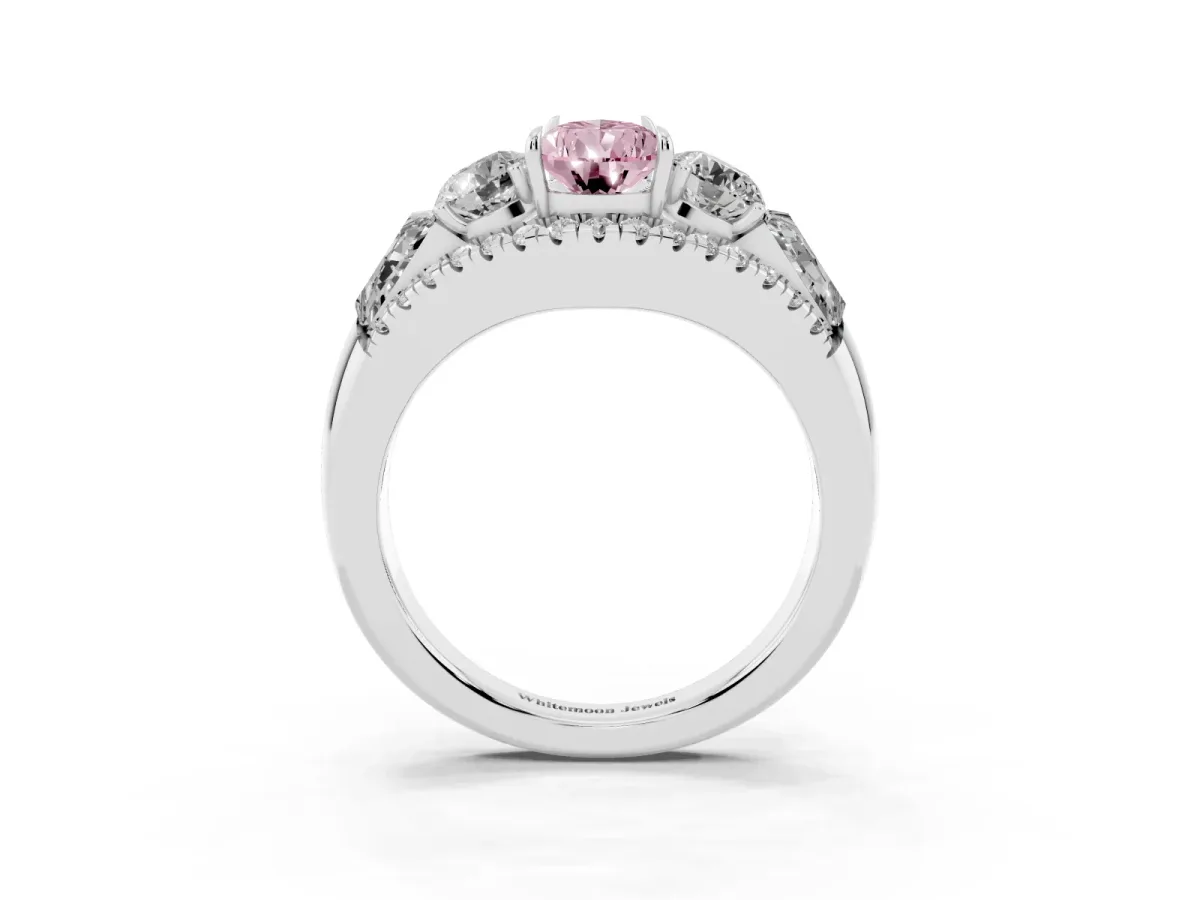 Fancy Pink Three-Stone Pear Cut Diamond Engagement Ring with Pave Band and Prong Setting Silver