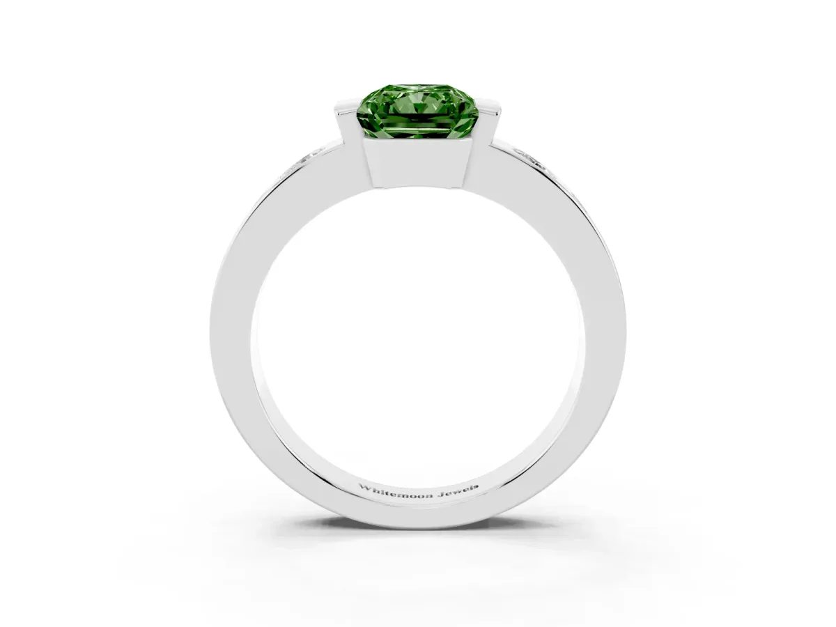 Fancy Green Radiant Cut Brilliant Channel-Set Diamond Ring with Bezel Prong Setting Silver