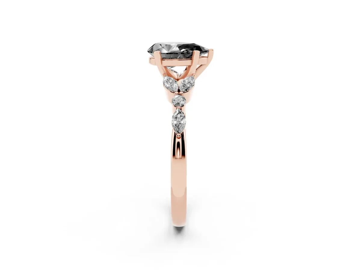 Fancy Black Pear Cut Diamond Solitaire Ring with Side Stones and Four-Prong Setting Rose gold