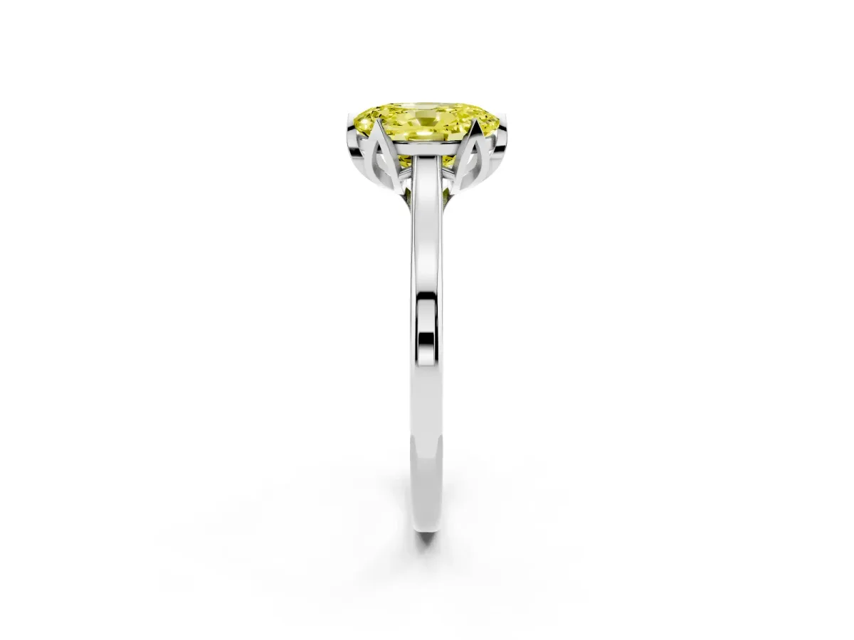 Fancy Yellow Oval Cut Diamond Solitaire Ring with Flower Prong Setting and Classic Band Silver