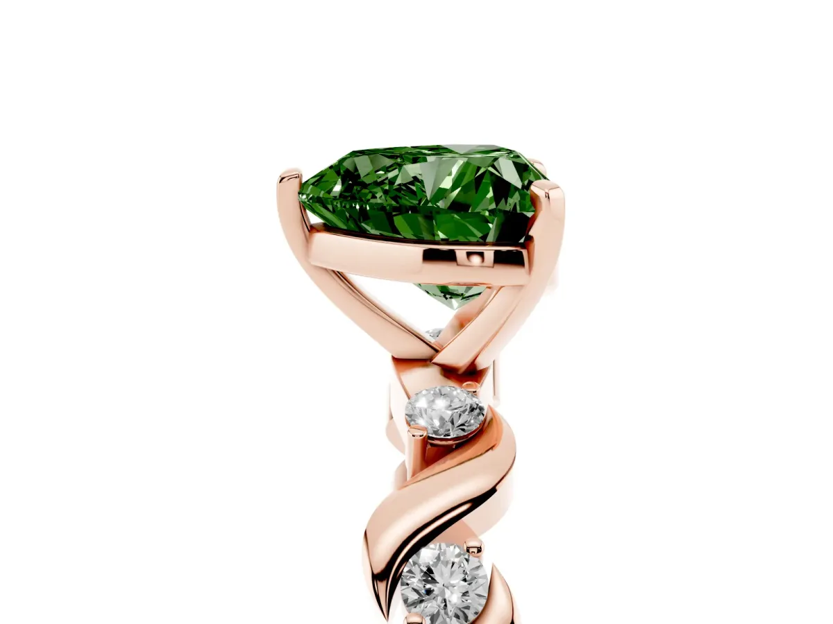 Fancy Green Heart Cut Diamond Solitaire Twisted Band with Round Accents and Prong Setting Rose gold
