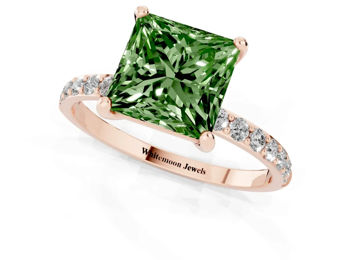 Fancy Green Princess Cut Diamond Solitaire Ring with Round Pavé Band and Prong Setting Rose gold