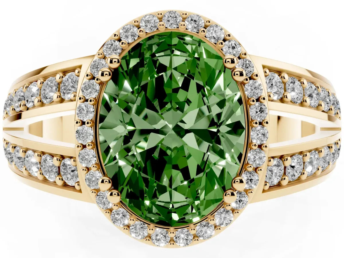 Fancy Green Oval Cut Diamond Halo Ring with Split Shank Pavé Band and Four-Prong Setting Yellow gold