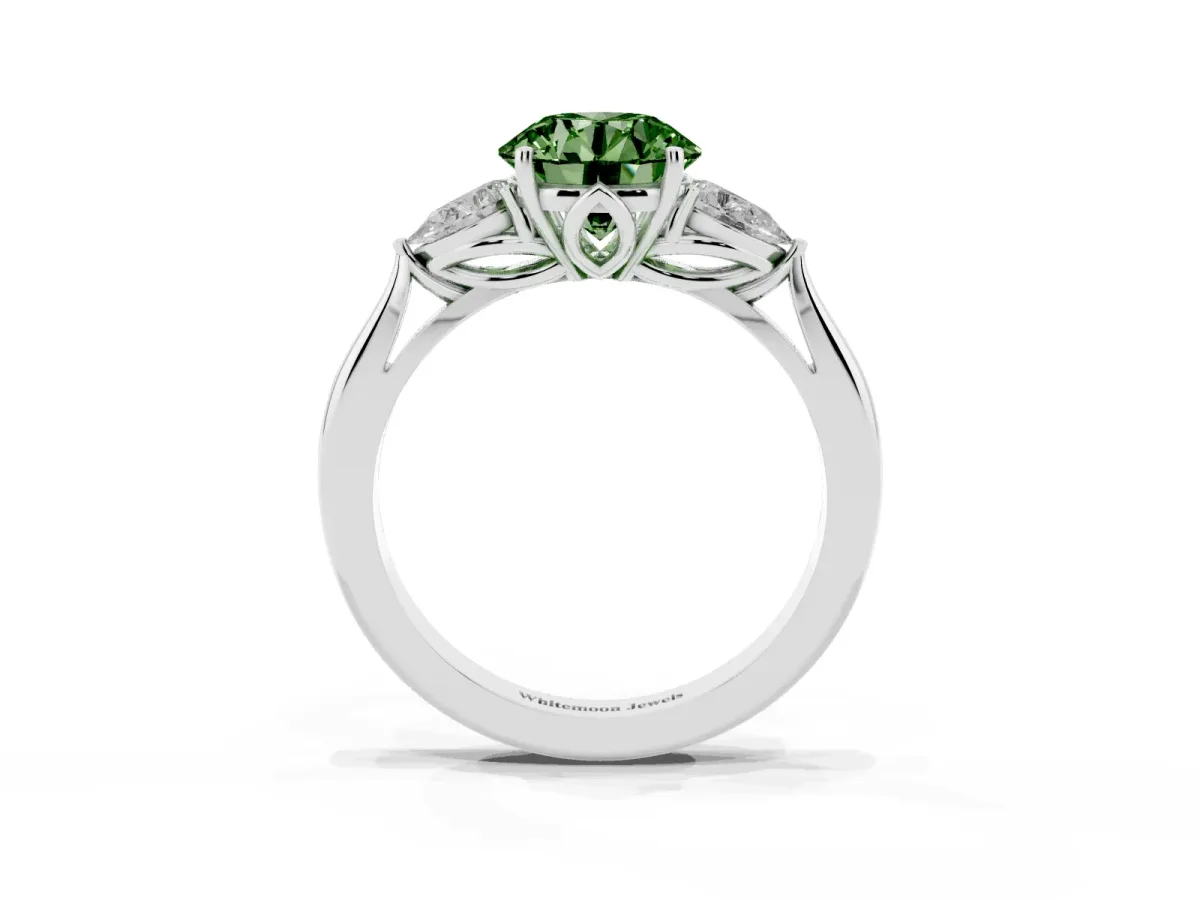 Fancy Green Round Cut Diamond Three-Stone Ring with Pear Side Stones and Prong Setting Platinum