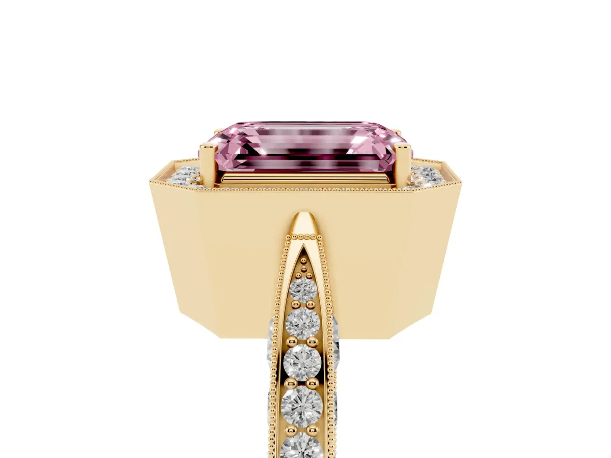 Fancy Pink Emerald Cut Halo Diamond Engagement Ring with Split Shank Band and Four-Prong Setting Yellow gold