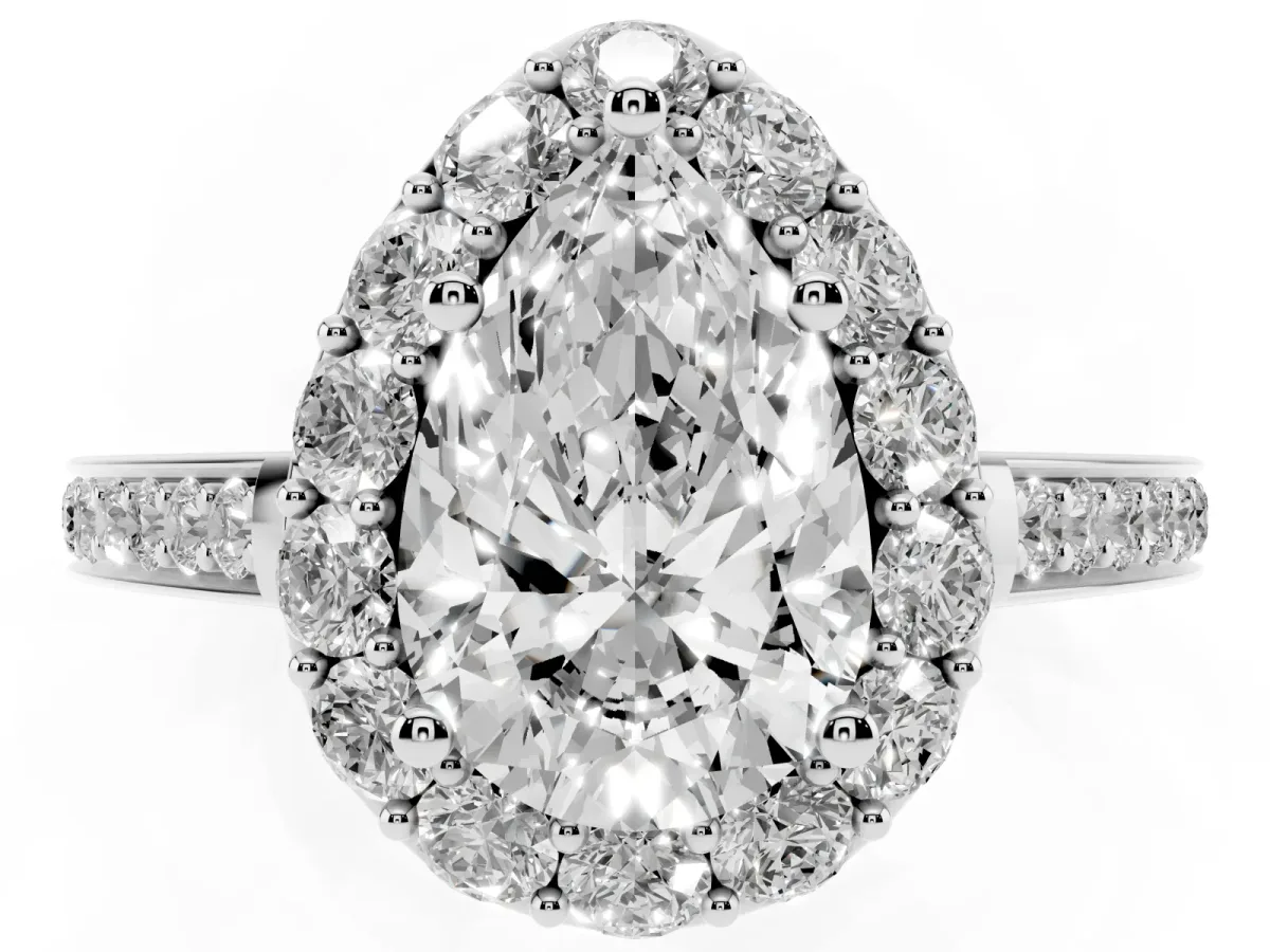 Pear Cut Diamond Floral Halo Ring with Pavé Band and Prong Setting Platinum