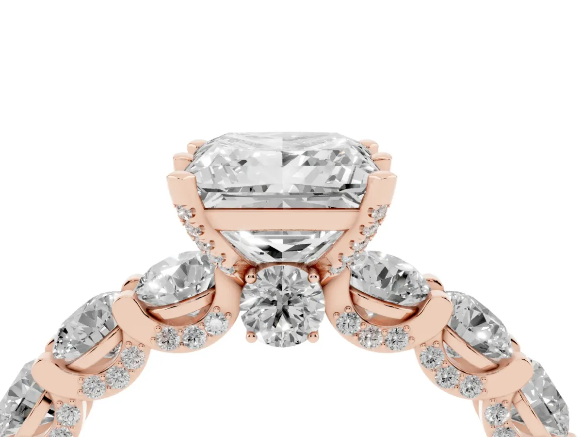 Princess Cut Diamond Side Stone Engagement Ring with Four-Prong Setting Rose gold